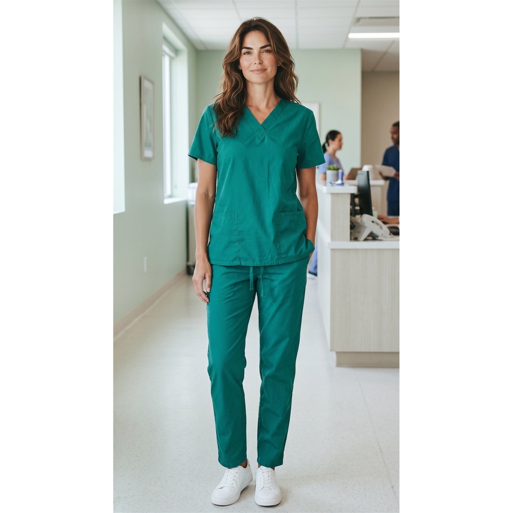 Cherokee Workwear Scrub Set Womens Medium Teal Green V-Neck Top Drawstring Pants